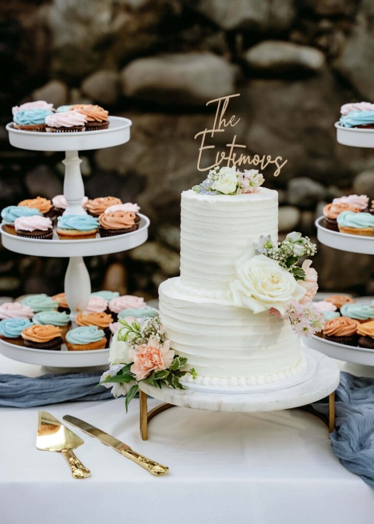 3 tiered wedding cake and other cupcakes by Mim's Bakery in Chico California