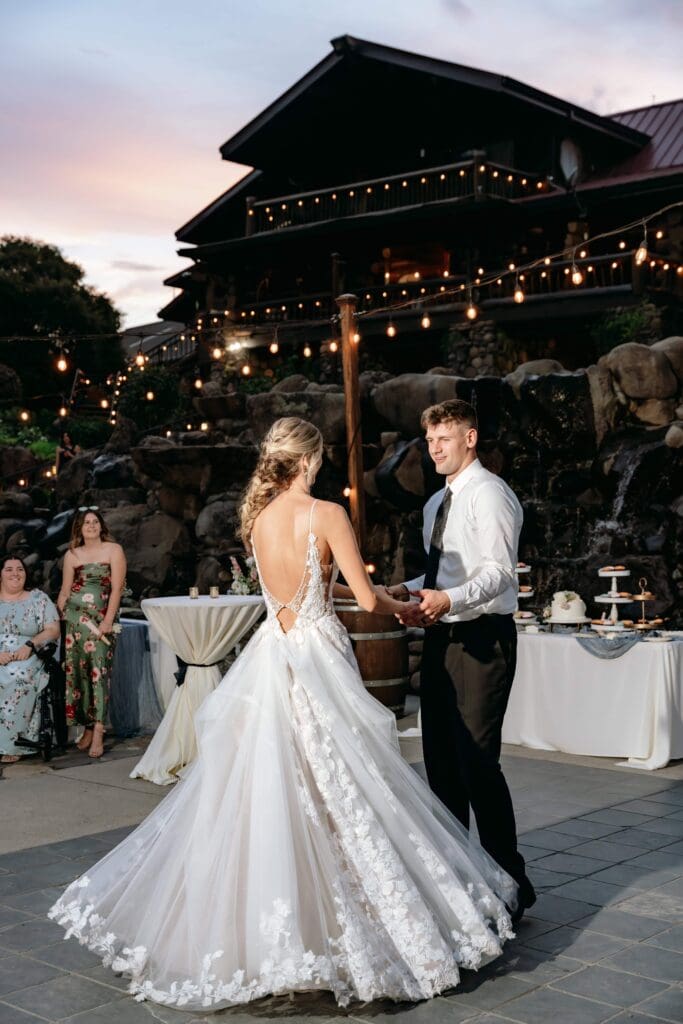 Bride and groom at sunset during their first dance